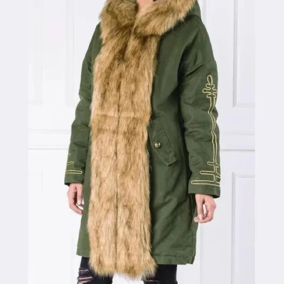 Pinko Faux Fur Army Green Hooded Parka Jacket Coat Eskimo Heavyweight Pennylane - Picture 3 of 11